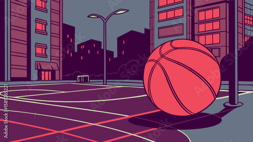 A basketball on an outdoor court with buildings and streetlights in the background at night time