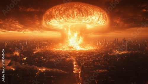 Nuclear Explosion Over City Skyline at Sunset With Dramatic Clouds and Orange...