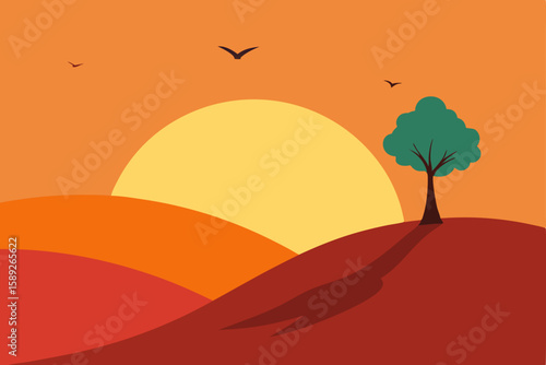 windy hill with a single tree and flying birds 