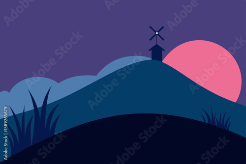 windy hill with tall grass and windmill at dusk