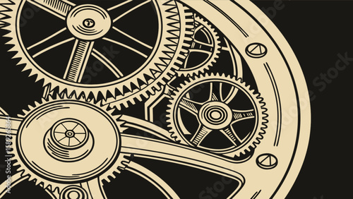 Illustration of intricate gears and cogs interlocking against a dark background in a detailed design
