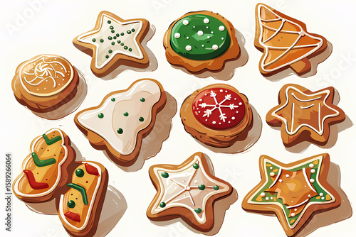 Colorful decorated gingerbread cookies in various festive shapes including stars, trees, and snowflakes, arranged on a light background, perfect for holiday celebrations and seasonal treats