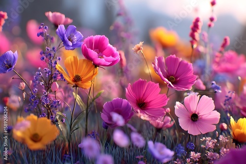 Generative AI illustration of a vibrant flower meadow in full spring bloom, capturing a burst of color and life under the bright sunlight.