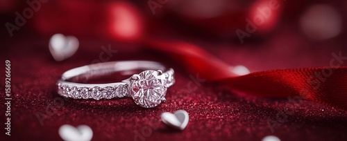 Beautiful Diamond Engagement Ring Displayed on Red Fabric With Soft Lighting