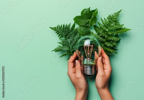 Hands Holding a Light Bulb Surrounded by Green Ferns and Leaves on a Mint Bac...