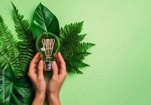 Hands Holding a Light Bulb Surrounded by Green Ferns and Leaves on a Mint Bac...