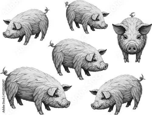Abstract Vector of 6 Pigs with Soft Feather Textures, Cute and Artistic Design