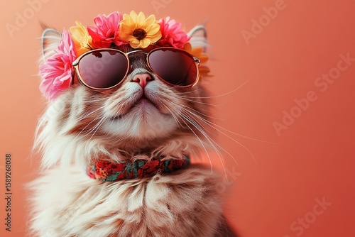 Cat Wearing Sunglasses and Flower Crown Poses Against Pink Background With a ...