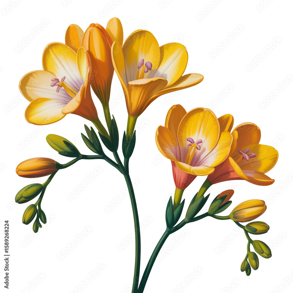 Naklejka premium Digital illustration of yellow freesia flowers