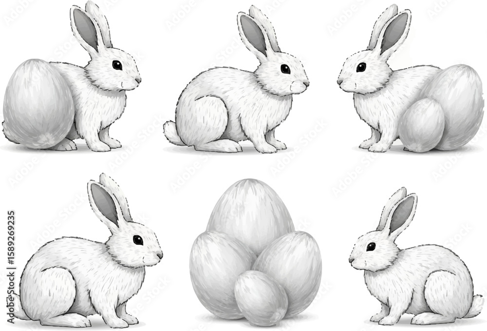 Obraz premium Abstract Vector of 6 White Rabbits and Soft Feather Textured Eggs, Cute and Artistic Design