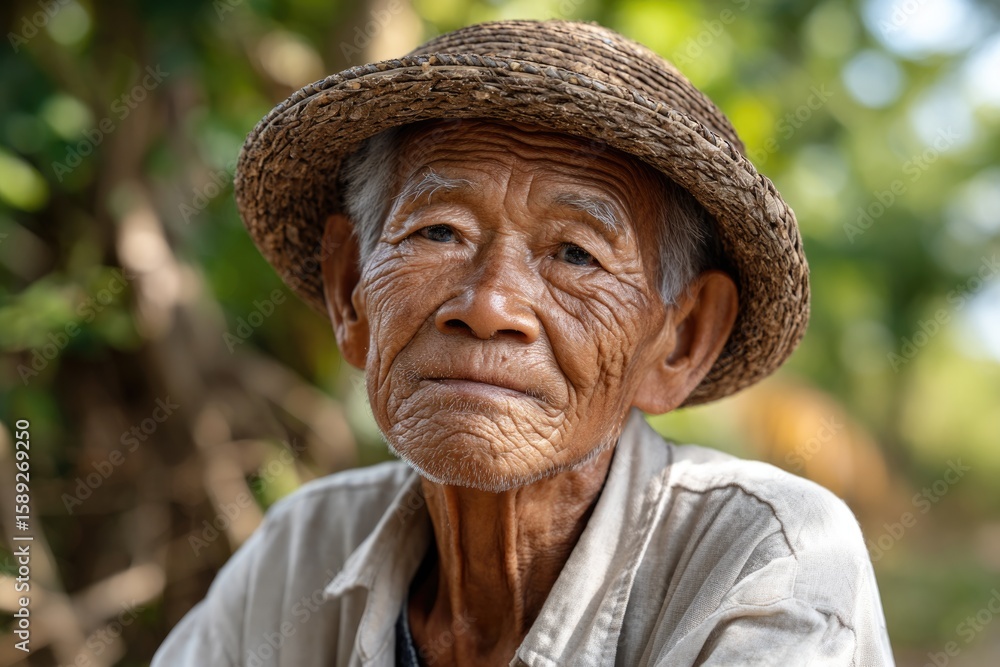 Fototapeta premium portrait of an elderly farmer face using straw hat