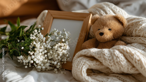 Cozy Moments: A soft teddy bear nestles beside a picture frame and fresh bouquet of delicate flowers, resting on a soft, inviting knitted blanket, creating a sense of warmth and serenity.