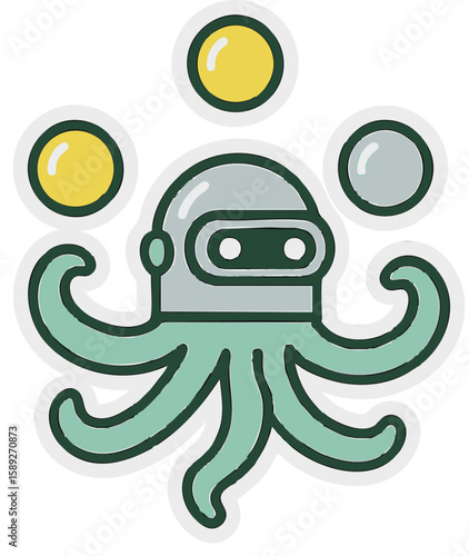 quirky sticker of a juggling robot octopus