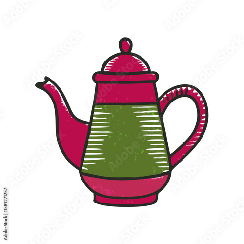 Vintage-style teapot with curved spout and handle, illustrated in red and green. Hand-drawn sketch ideal for tea, kitchenware, café menu, or retro culinary themes.