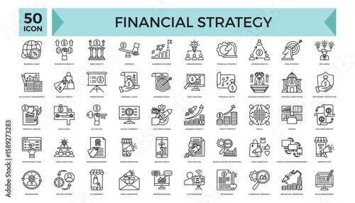 Comprehensive collection of 50 financial strategy-themed icons, ideal for illustrating business plans, economic concepts, and organizational strategies. Perfect for use in reports, infographics, and m