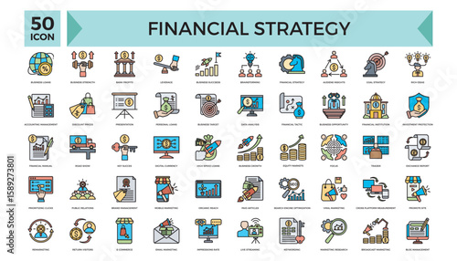 Comprehensive collection of 50 financial strategy-themed icons, ideal for illustrating business plans, economic concepts, and organizational strategies. Perfect for use in reports, infographics, and m