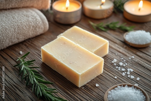 Relaxing Spa Setup With Natural Soap, Candles, and Salt on Wooden Table for a...