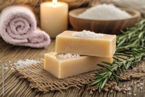 Relaxing Spa Setup With Natural Soap, Candles, and Salt on Wooden Table for a...