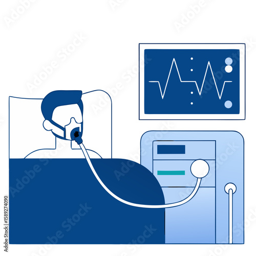 Patient with oxygen mask in ICU room, heart monitor beeping, serious medical care, flat vector illustration