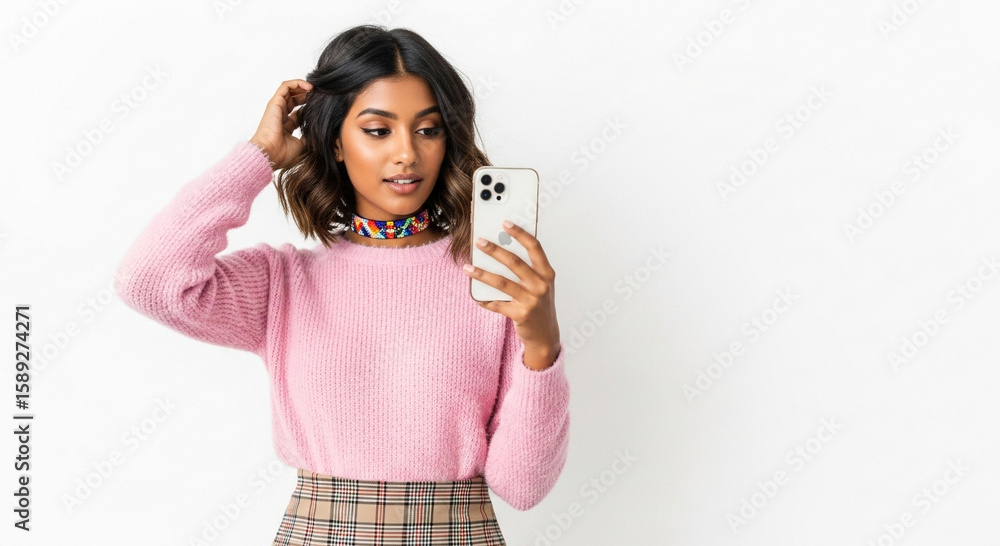 Modern Gen Z Indian girl using smartphone – isolated on white background. Youthful, trendy, and connected lifestyle concept. Modern Gen Z Indian girl using smartphone – isolated on white background. Youthful, trendy, and connected lifestyle concept.