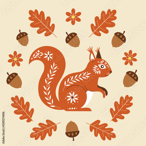 Cute squirrel with floral patterns surrounded by leaves and acorns  