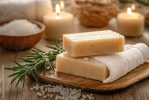 Natural Soap With Herbs and Salt on Wooden Surface Surrounded by Candles and ...