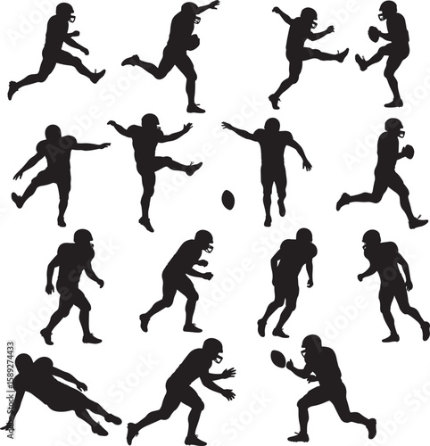 Nineteen American football players in various action poses black silhouettes
