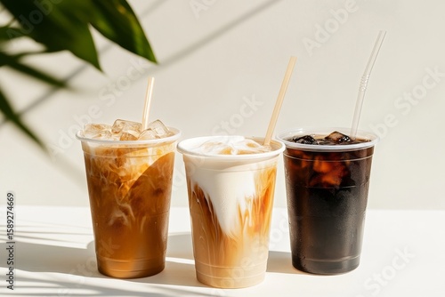 Refreshing Iced Beverages Displayed on a Bright Table With Greenery in the Ba...