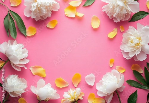Bright Floral Arrangement on a Pink Background With Petals Scattered Around.