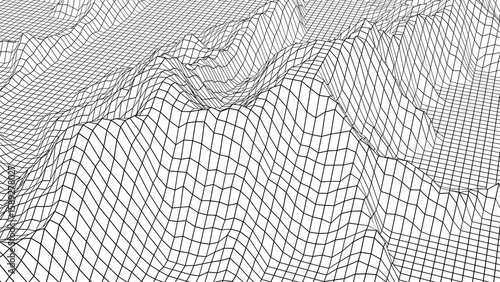 Digital Wireframe Grid Landscape with Abstract Peaks and Flat Terrain