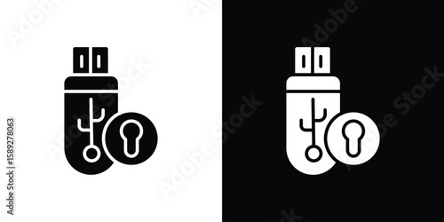 Pendrive security icon. Black and white silhouette. Icon vector