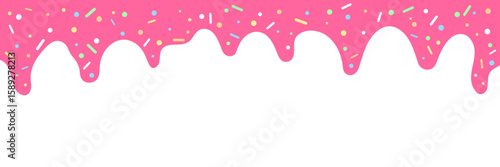 Sweet Pink Dripping Icing with Colorful Sprinkles. Abstract Dessert Background. Vector Illustration
