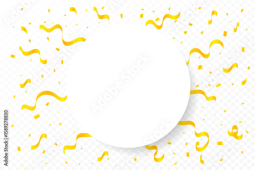 Gold Confetti and Ribbon Falling on Transparent Background with white circle frame. Festive Celebrations. Vector Illustration