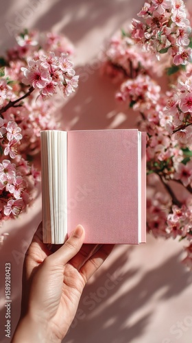 Blank Notebook Surrounded by Blooming Flowers on a Soft Pastel Surface in a S...