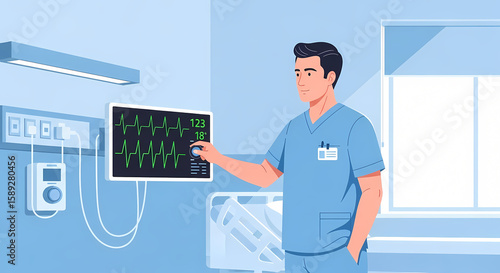 Nurse in scrubs checking a heart monitor in a hospital room, with a bed and window visible.