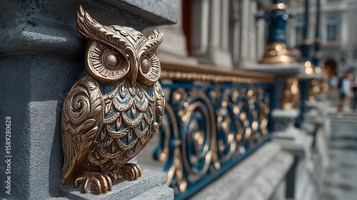 Wallpaper Mural Golden Owl Guardian: A detailed close-up showcases an ornate golden owl sculpture, perched elegantly on a stone facade with a blurred cityscape in the background. Torontodigital.ca