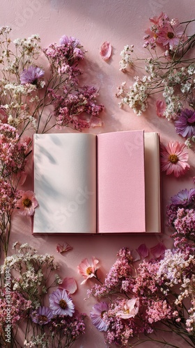Open Blank Book Surrounded by Pink and Purple Flowers on a Pastel Background.