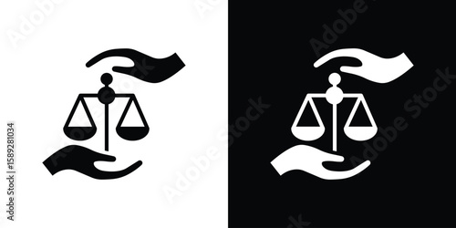 Justice scales in Hand icon. Black and white silhouette. Icon vector