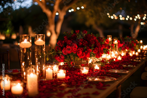 Fototapeta Naklejka Na Ścianę i Meble -  Romantic wedding table decor with red roses, candles, and rose petals for celebration