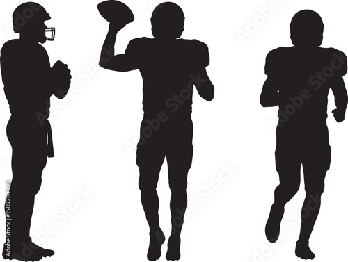 Three American football player action poses black silhouettes