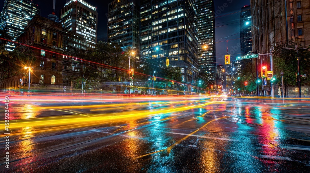 Obraz premium A busy urban intersection at night filled with colorful light trails from moving vehicles, skyscrapers glowing in the background, traffic lights casting reflections on wet asphalt,