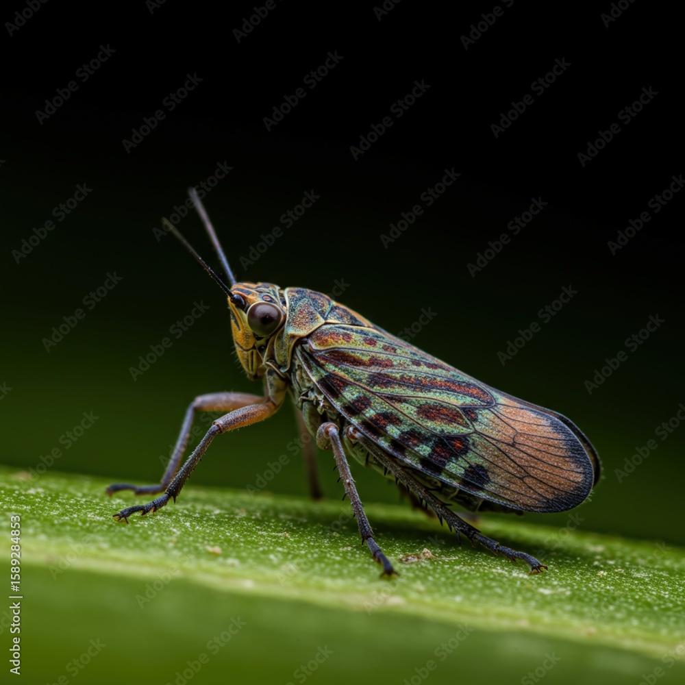 Obraz premium Leafhopper feeding: A stunning macro of a tiny insect in its natural habitat.