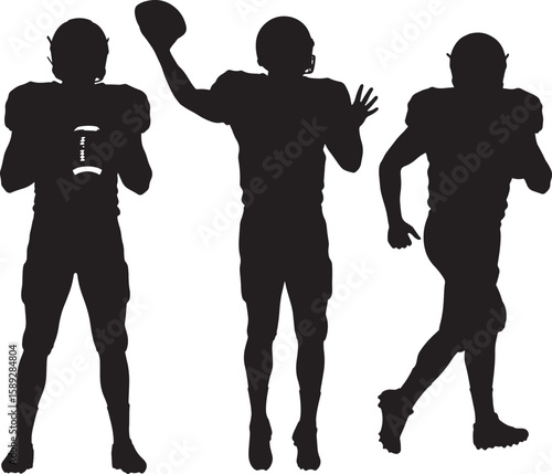 Three American football players in different action poses black silhouettes