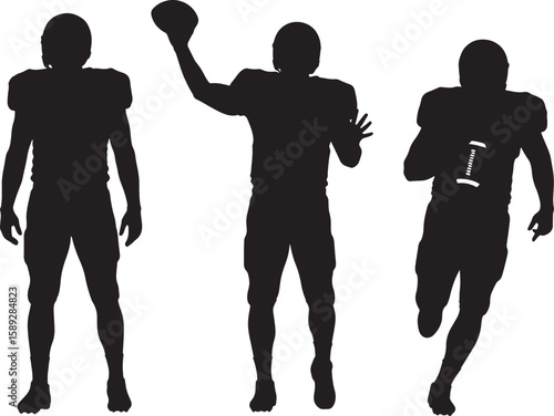 Three American football players in action poses black silhouettes