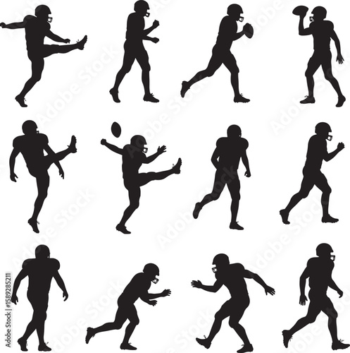 Twelve American football player action poses black silhouettes