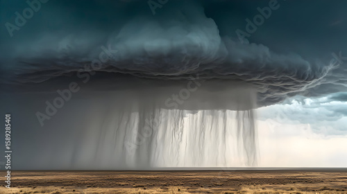 Powerful storm clouds unleashing torrential rain over a vast, dry plain.  Dark, dramatic clouds dominate the sky, with intense rain falling vertically.  Flat, arid landscape below absorbs the downpour