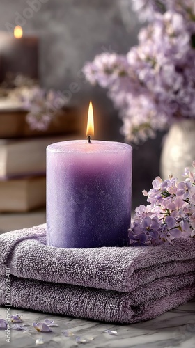 Relaxing Lavender Candle With Soft Towel and Flowers in Tranquil Setting