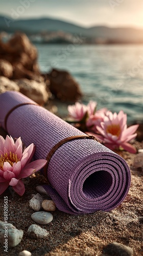 Relaxing Yoga Mat by the Water With Flowers at Sunset.