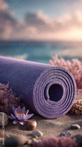 Relaxing Yoga Mat by the Water With Flowers at Sunset