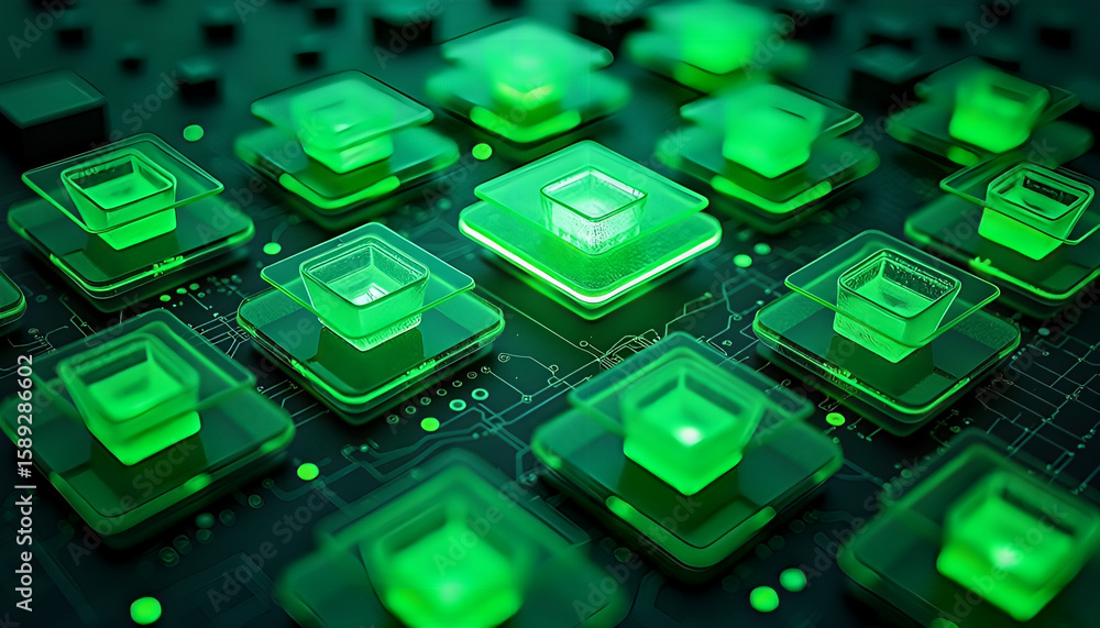 Fototapeta premium Futuristic Green Circuit Board with Glowing Microchips